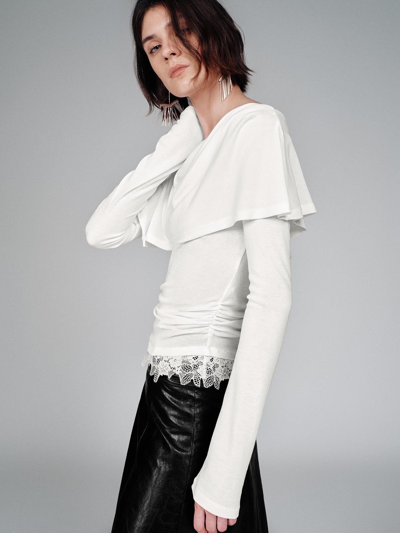 Urban Revivo Draped Long Sleeve T-Shirts-Off-White
