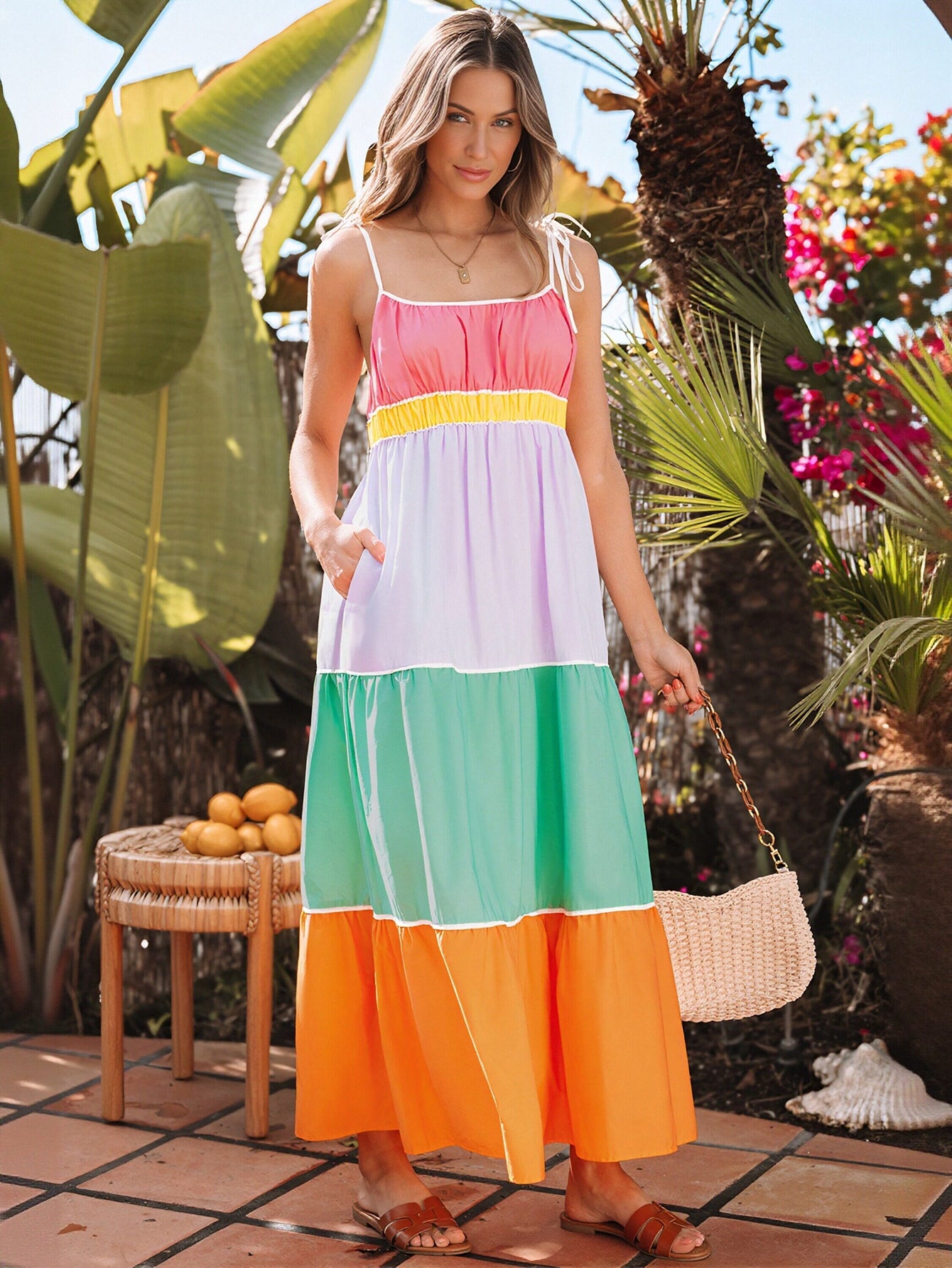 Colorful Tiered Spaghetti Strap Maxi Dress