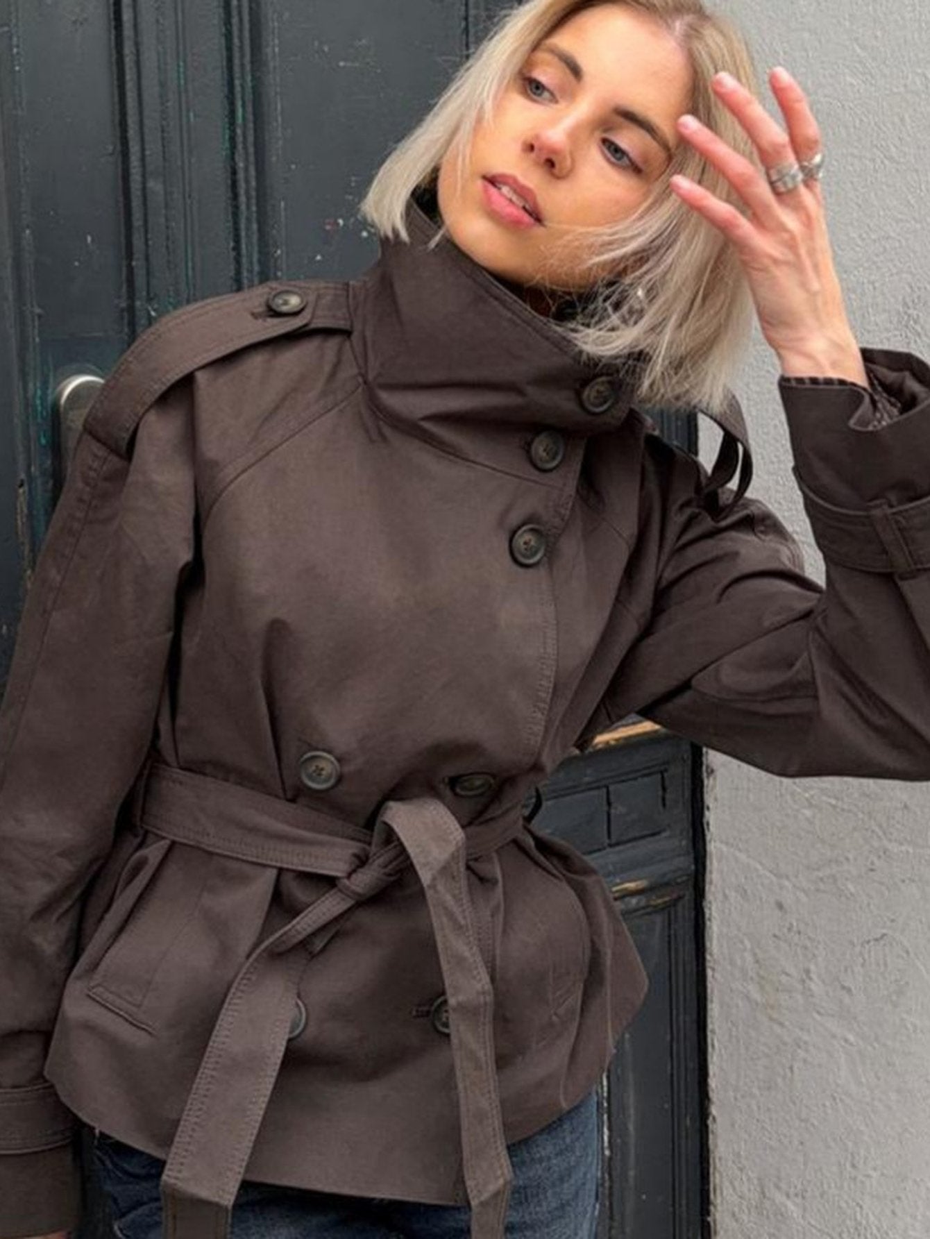 Cropped Belted Stand Collar Trench Coat