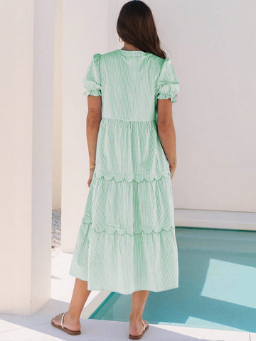 Striped Tiered Shirt Midi Dress