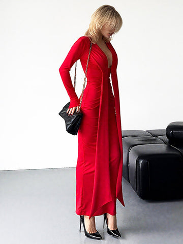 Plunging Neckline Ruched Maxi Dress