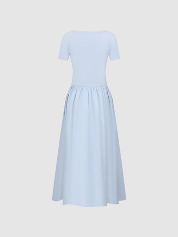 Urban Revivo Square Neck A-Line Midi Dresses-Medium Blue