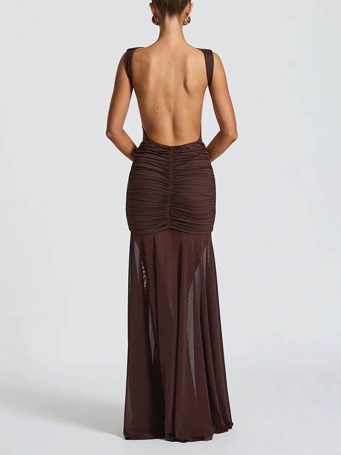 Elegant Ruched Mesh Maxi Dress