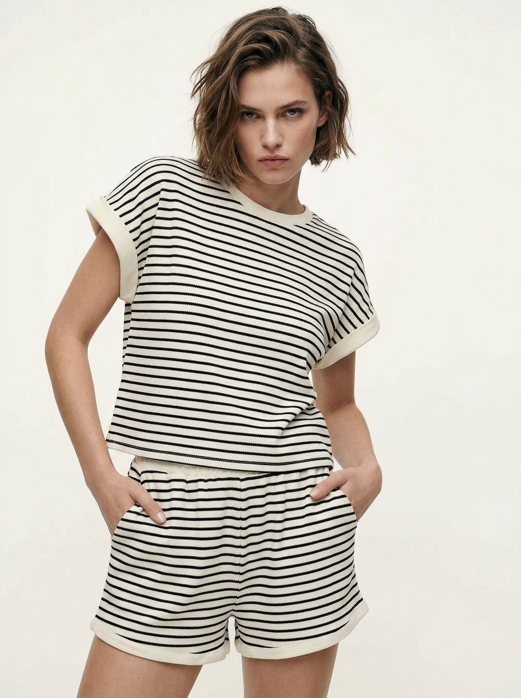 Striped Short Sleeve Shorts Set