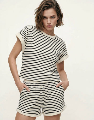 Striped Short Sleeve Shorts Set