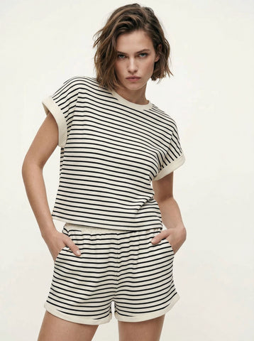 Striped Short Sleeve Shorts Set