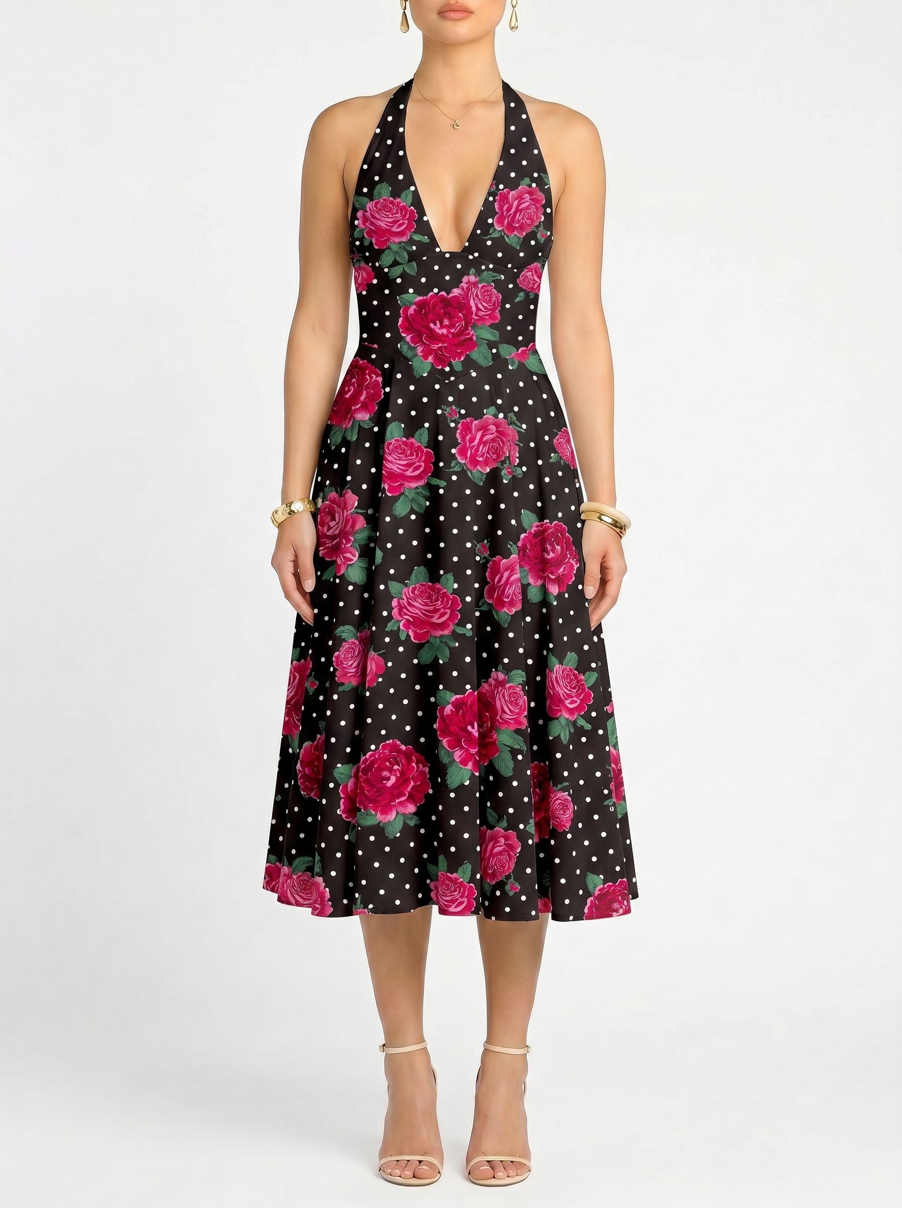 Floral Print Halter Neck Tie Back Midi Dress