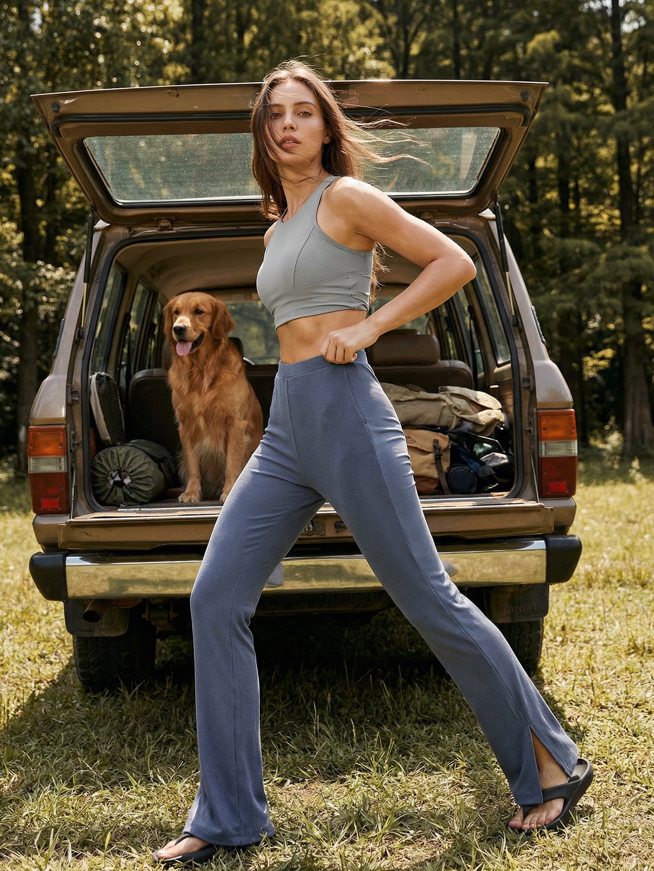 Draped Flared Side-Slit Athletic Yoga Pants-Beige