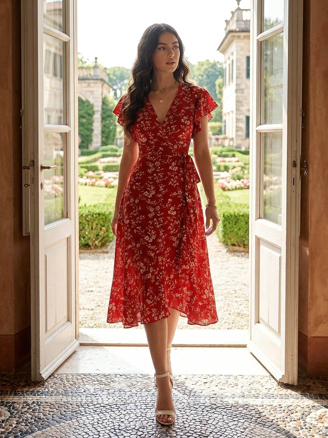 V Neck Wrap Waist Romantic Midi Dress