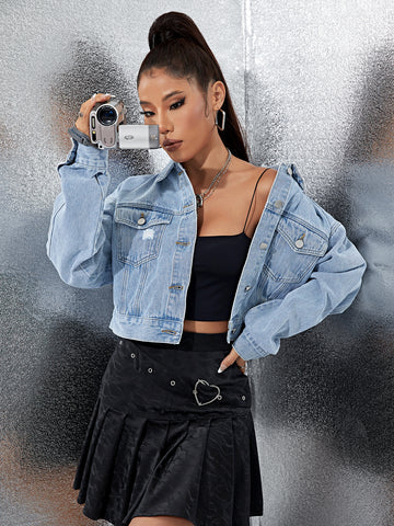 Distressed Cropped Light Wash Denim Jacket
