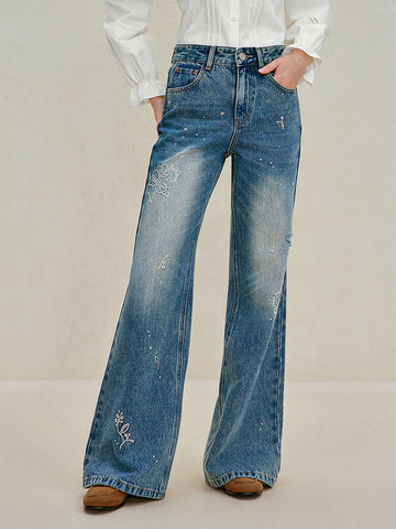 Embellished Rhinestone Wide Leg Jeans