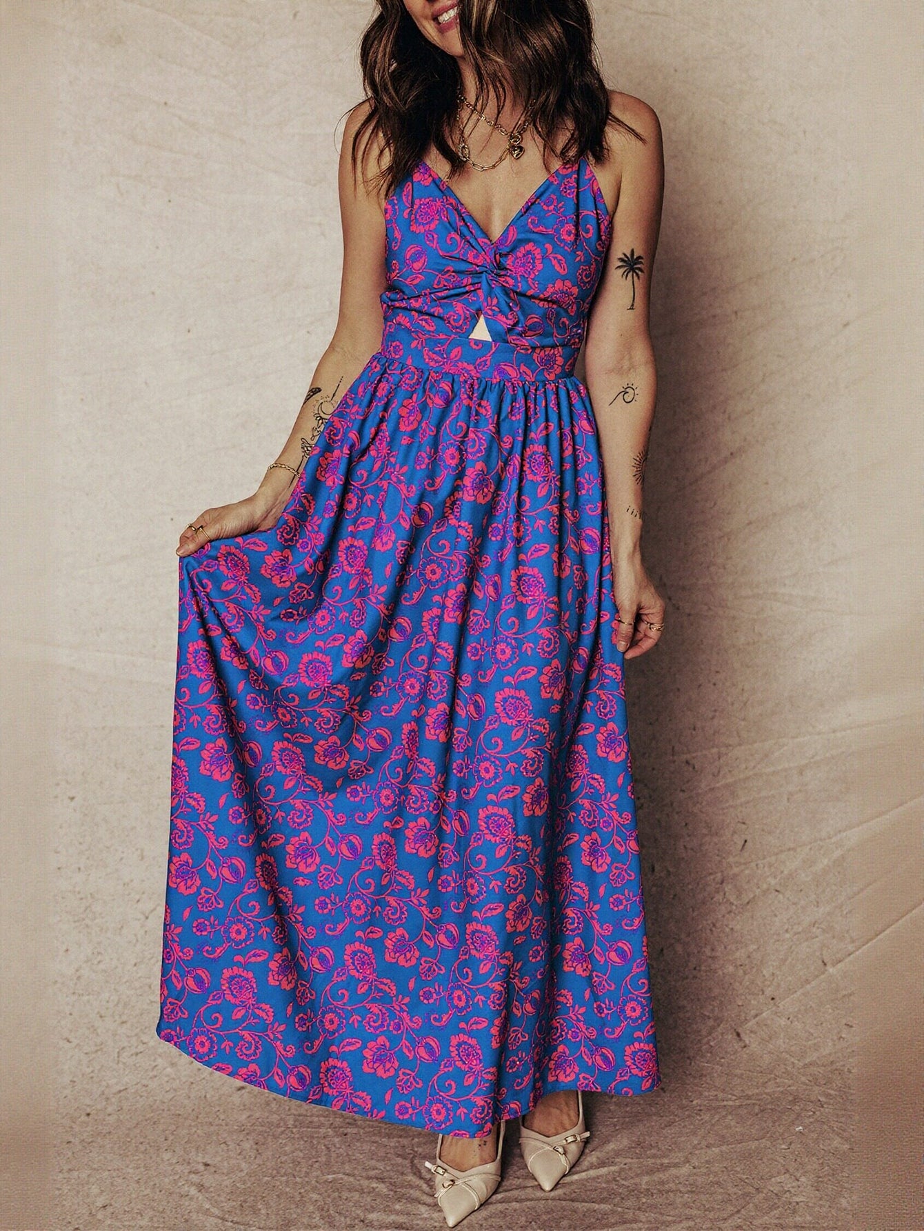 Floral Twist Front Cutout Maxi Dress