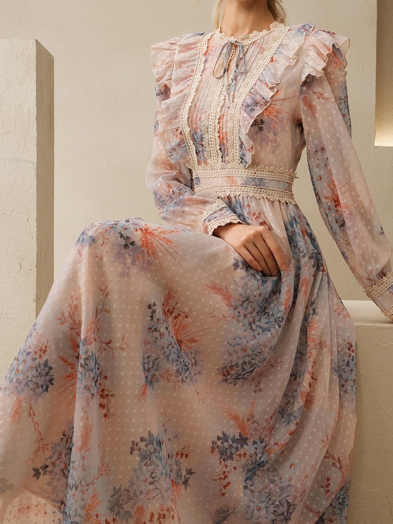 Ruffled Lace Floral Chiffon Maxi Dress