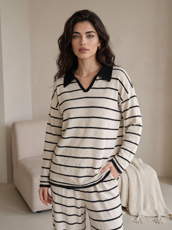 Cozy Striped Collared Loungewear Pajama Set
