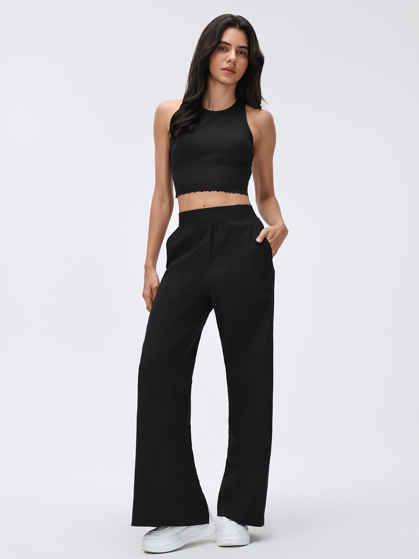 High-Waisted Wide-Leg Drawstring Comfortable Pants-Black
