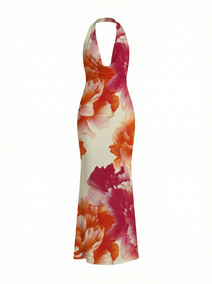 LILA Tropical Hibiscus Print Cowl Neck Bodycon Maxi Dress