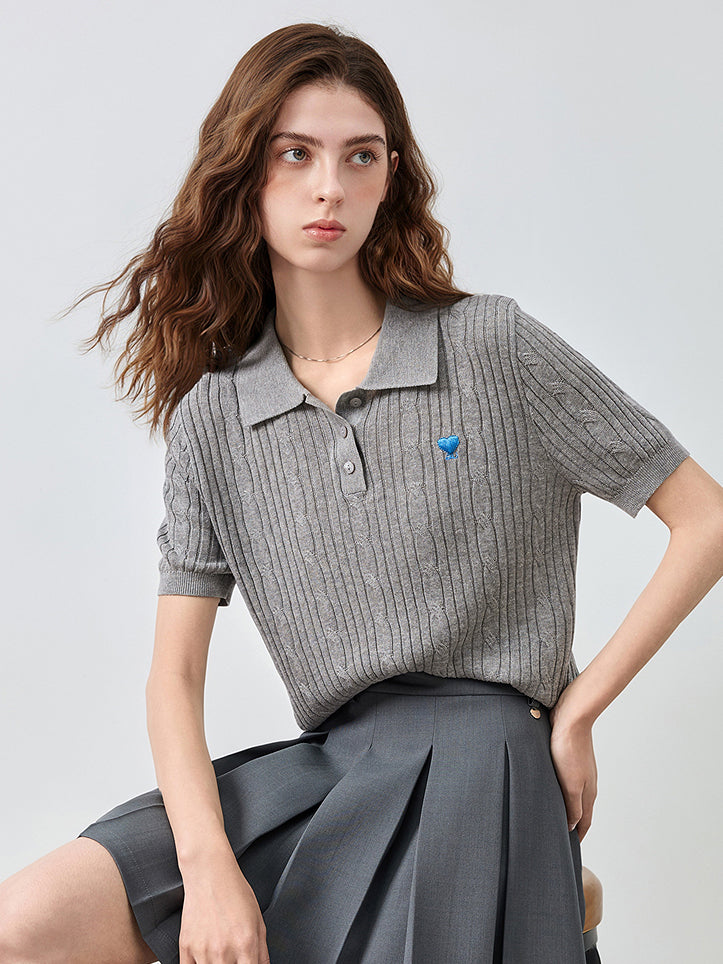 Embroidered Heart Ribbed Polo Sweater