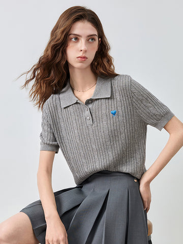 Embroidered Heart Ribbed Polo Sweater