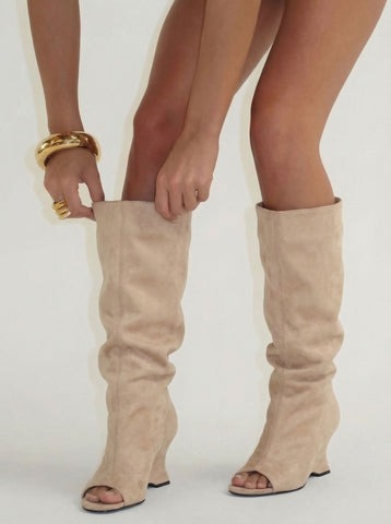 Open-Toe Suede Modern Mid-Calf Boots-Multicolor