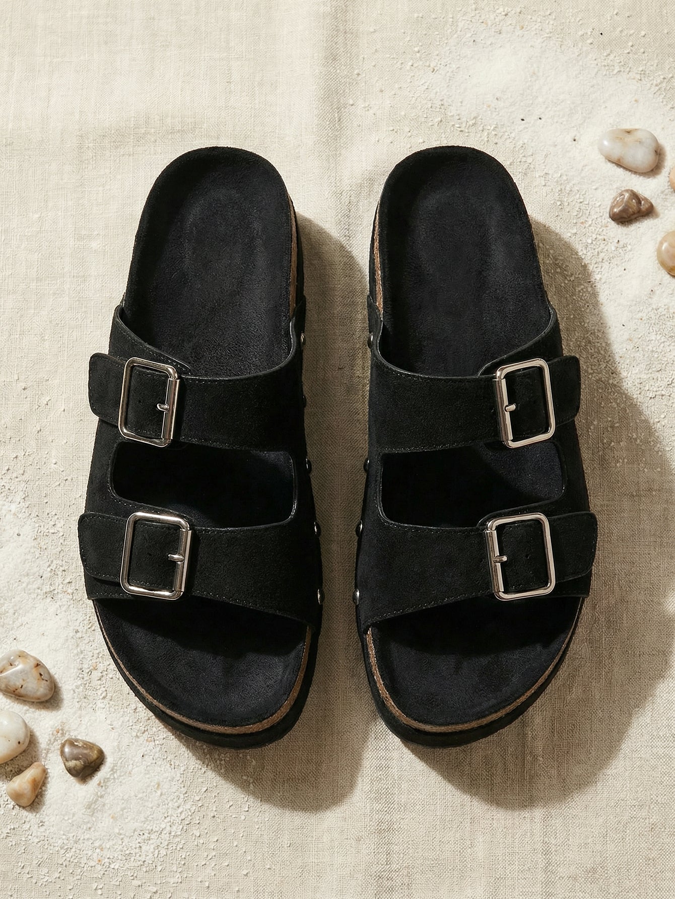 Cork Sole Double-Buckle Studded Edgy Platform Sandals-Black