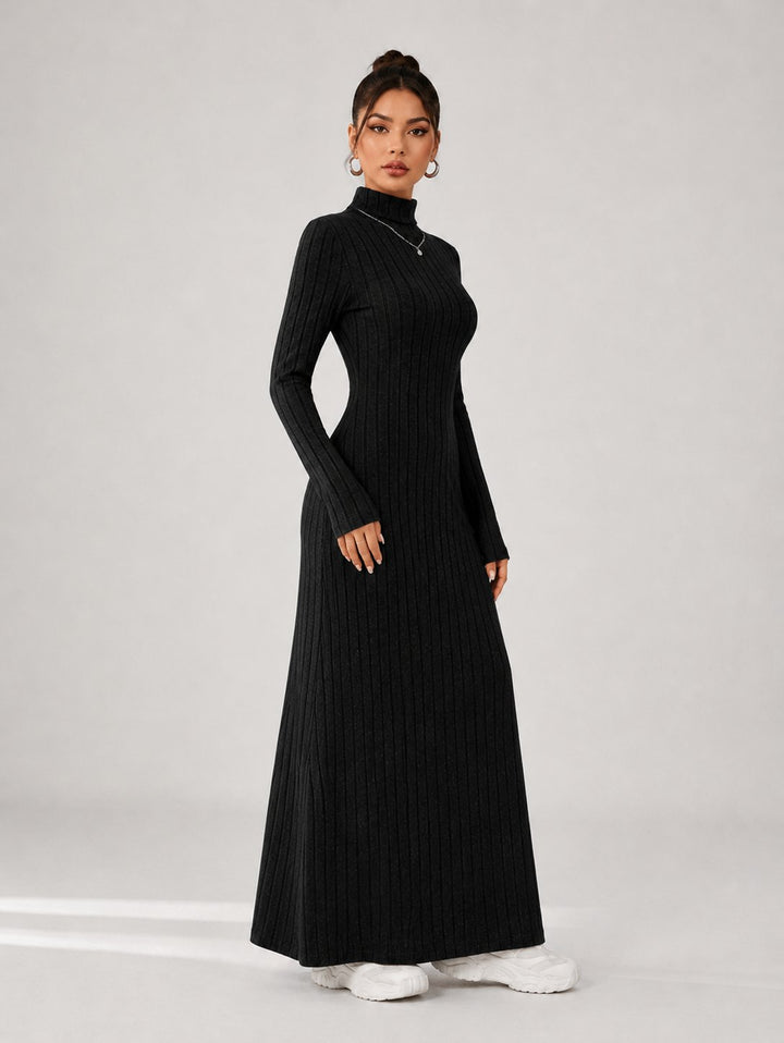 Ribbed Turtleneck Long Sleeve Maxi Dress