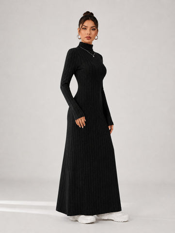 Ribbed Turtleneck Long Sleeve Maxi Dress