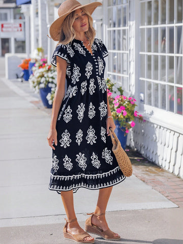 Boho Printed V Neck Midi Dress