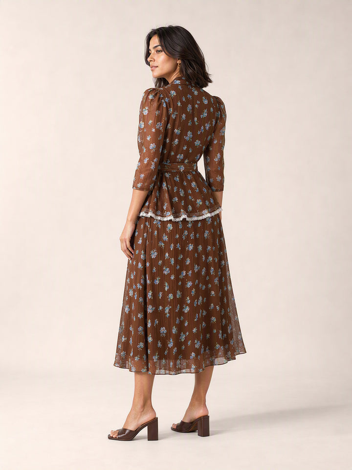 Floral Belted Puff Sleeve Skirt Set