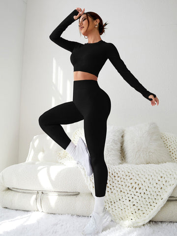 Long Sleeve Open Back Top High-Waisted Leggings Sexy Set