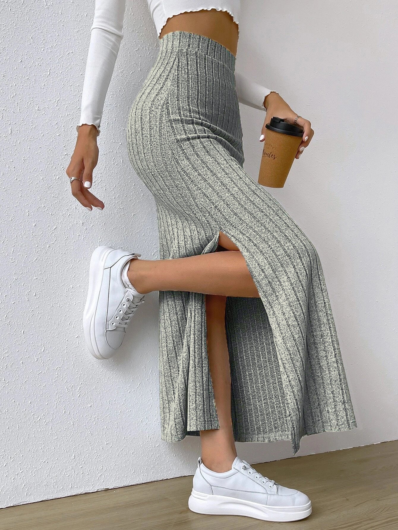 High Waisted Ribbed Slit Midi Skirt