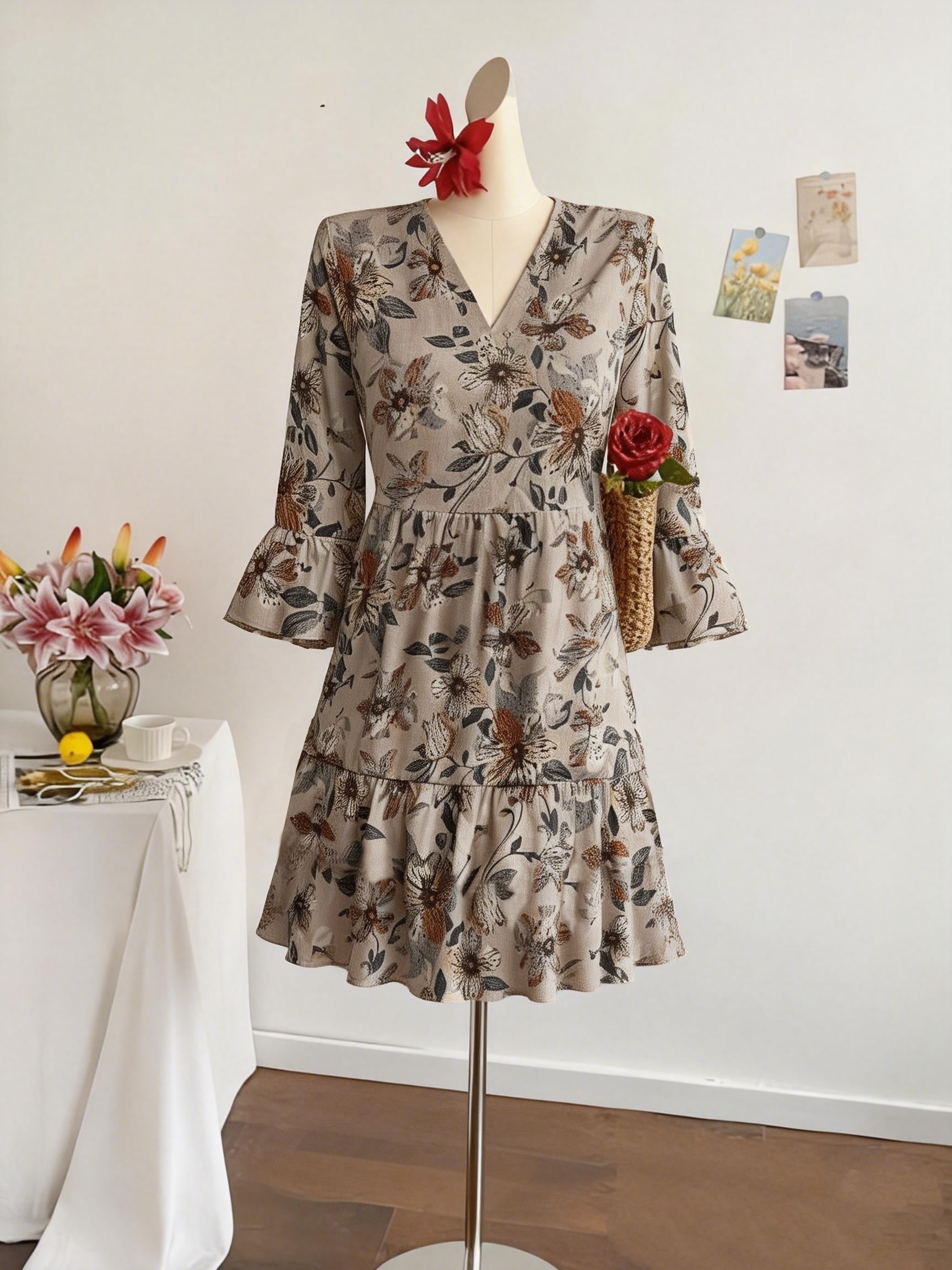 Floral Print V Neck Tiered Dress