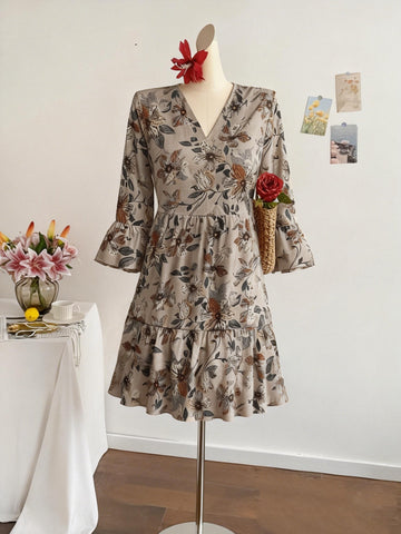 Floral Print V Neck Tiered Dress