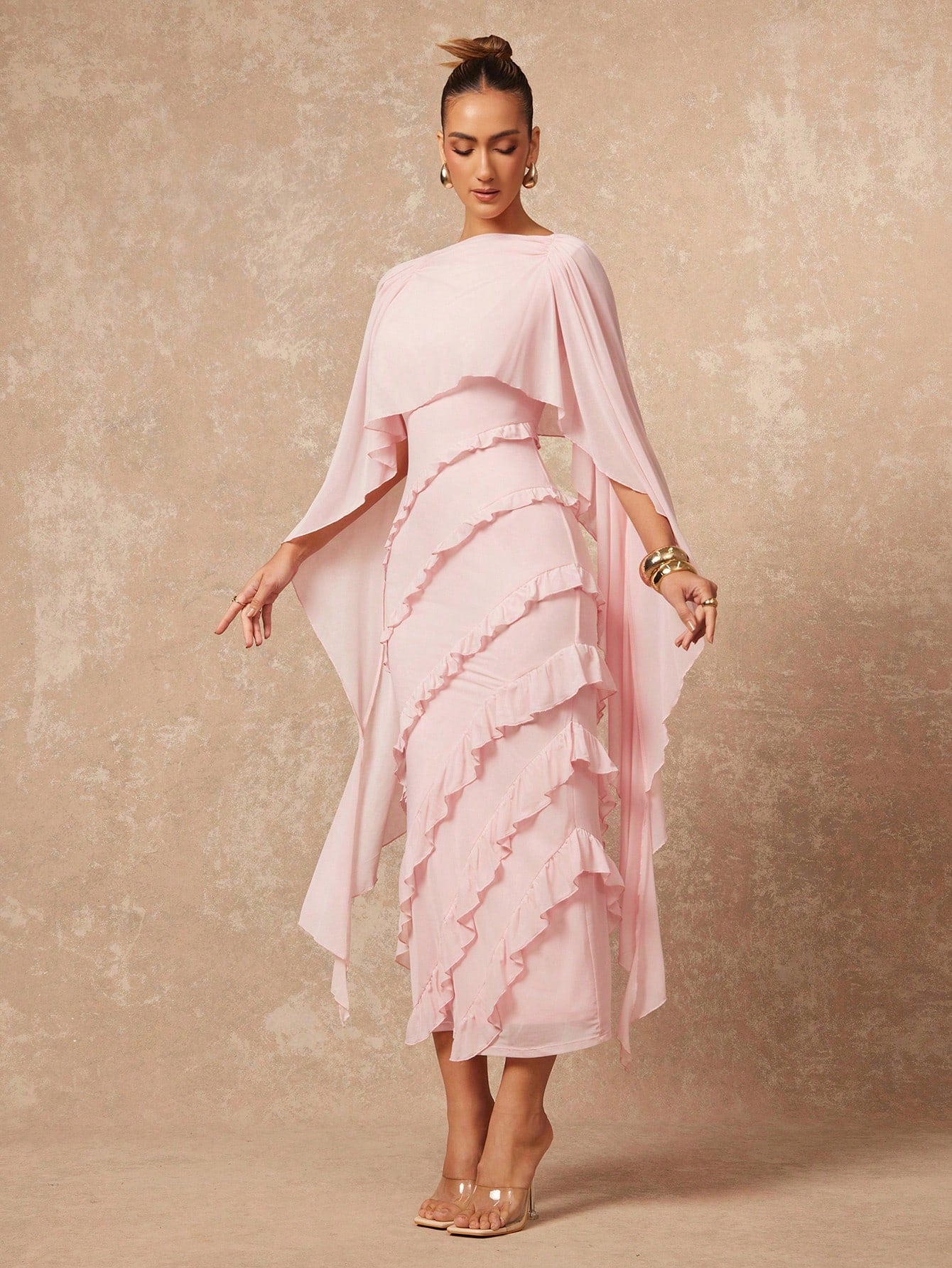 Elegant Ruffled Cape Sleeve Midi Dress