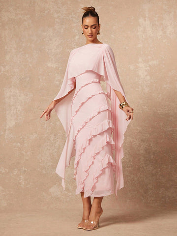 Elegant Ruffled Cape Sleeve Midi Dress
