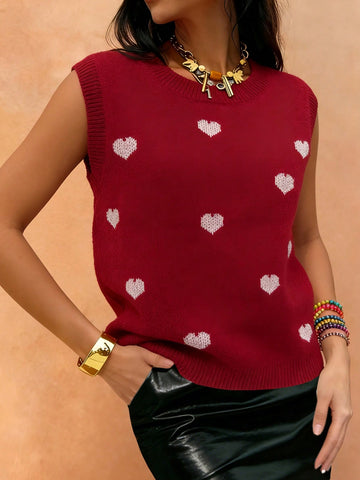 Heart Pattern Crewneck Knit Tank Top