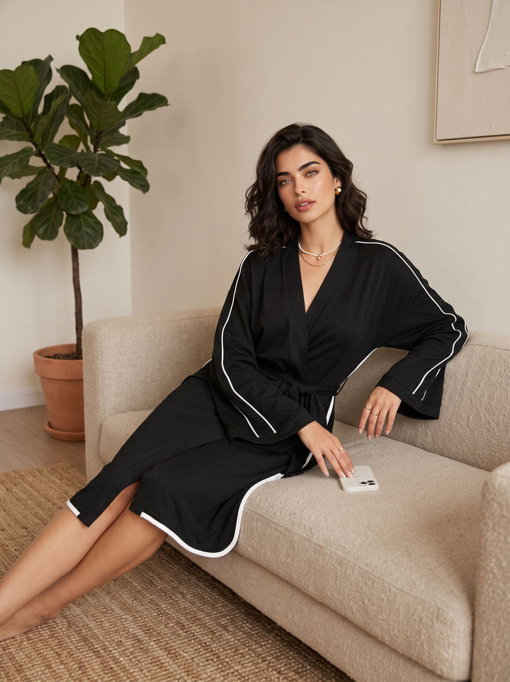 Silky Contrast Trim Wrap Robe