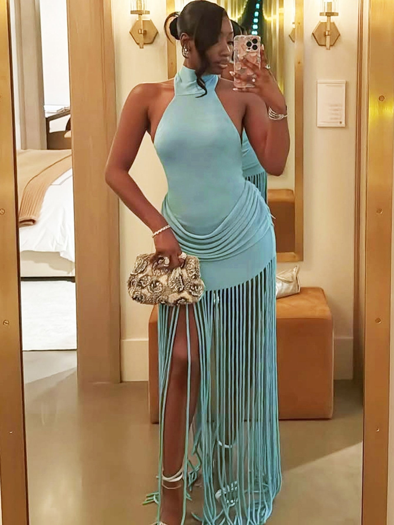 High Neck Fringe Skirt Glamorous Gown
