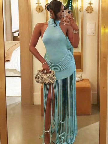 High Neck Fringe Skirt Glamorous Gown