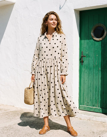 Casual Polka Dot Linen Midi Dress