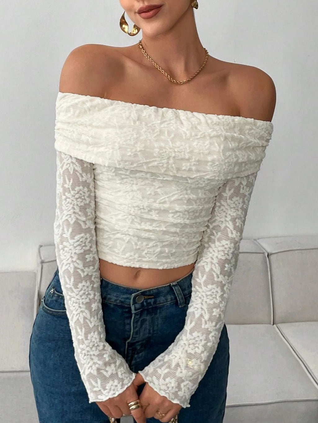 Elegant Off Shoulder Lace Long Sleeve Top