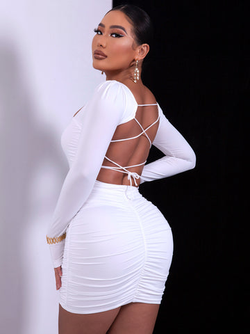 Square Neck Draped Side-Cutout Bodycon Mini Dress