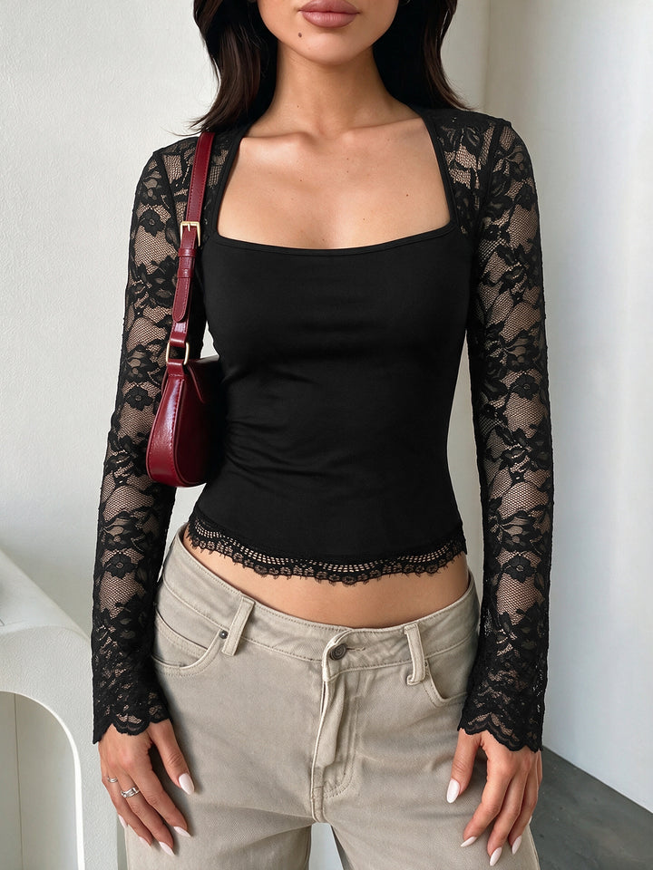 Elegant Lace Sleeve Square Neck Top