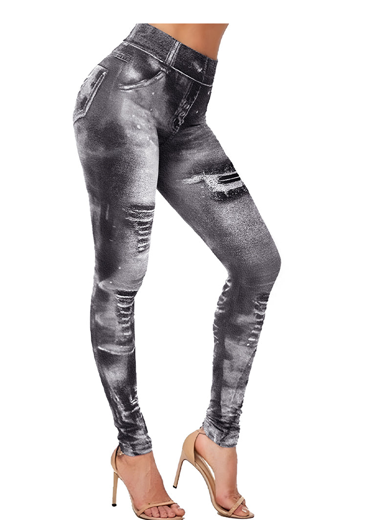 Distressed Denim-Print High-Waisted Stretchy Yoga Leggings-Black