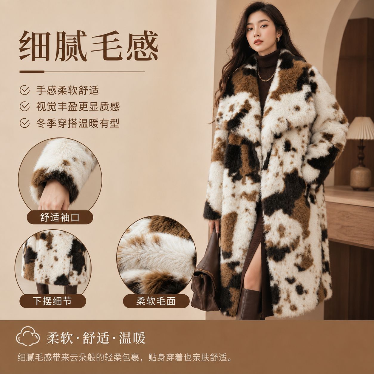 Luxurious Cow Print Faux Fur Coat