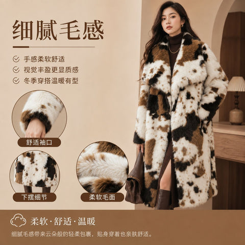 Luxurious Cow Print Faux Fur Coat