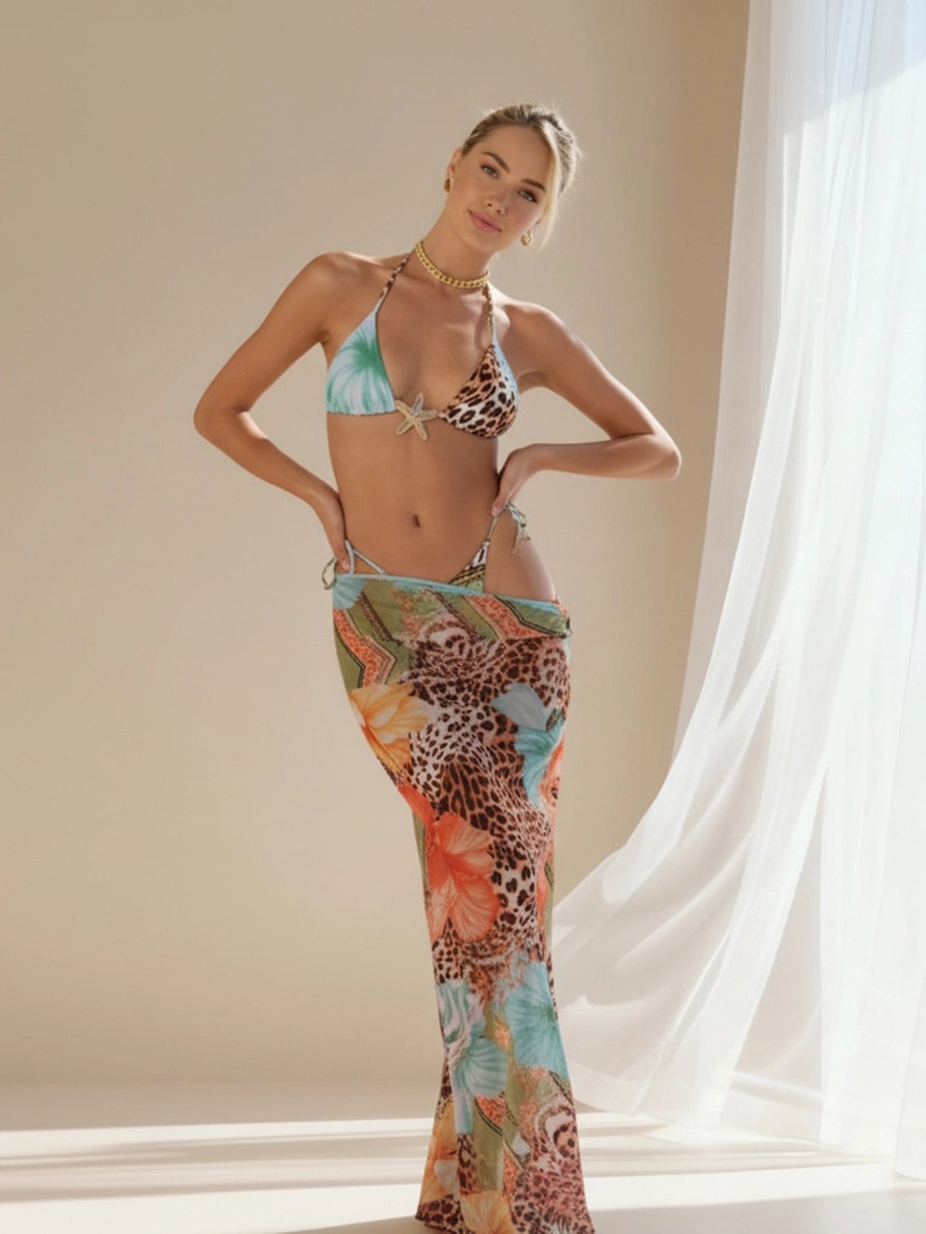 Tropical Leopard Print Bikini Three Piece Set