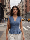 V Neck Fitted Peplum Denim Vest