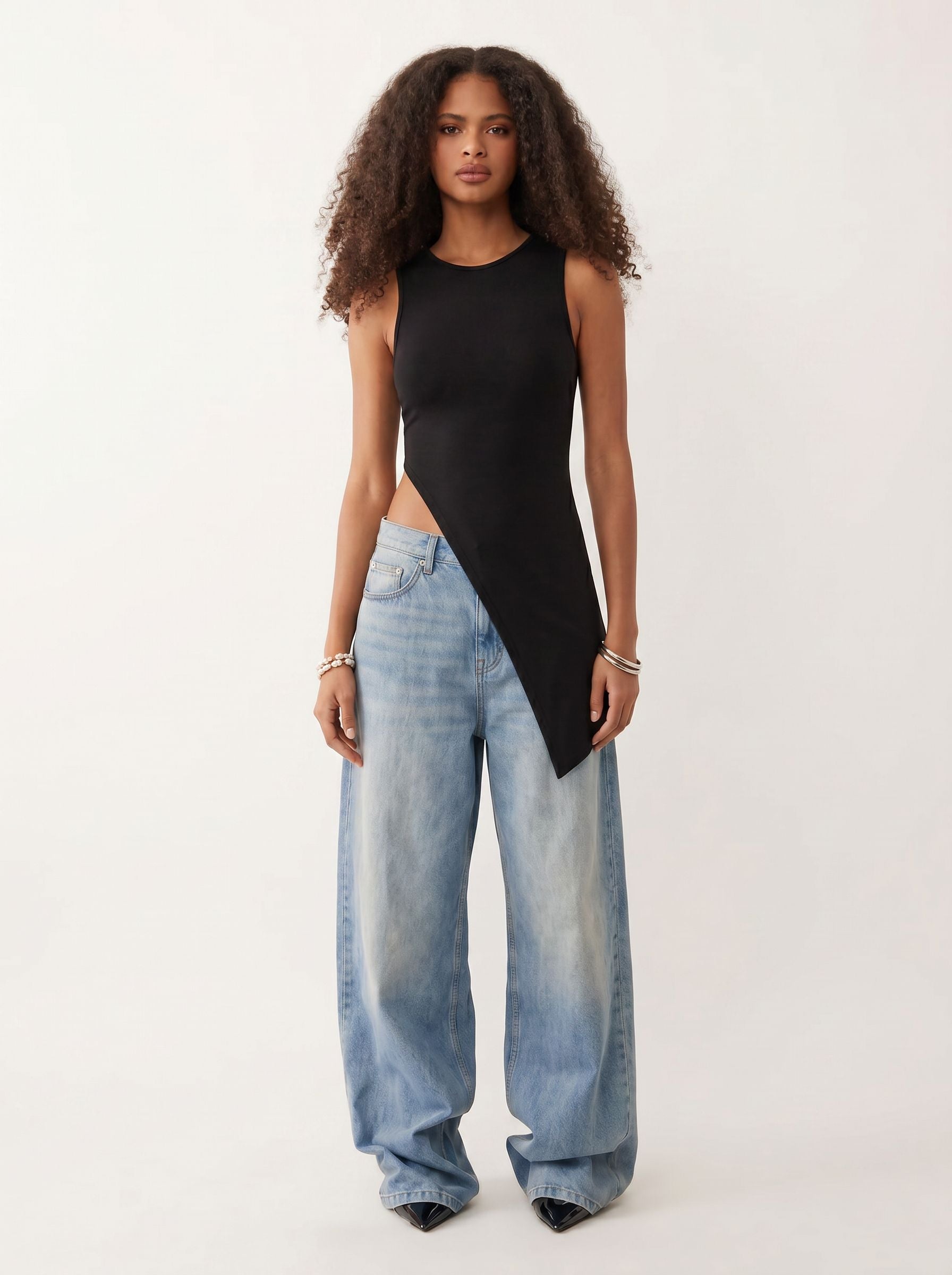 Asymmetric High Slit Sleeveless Tank Top