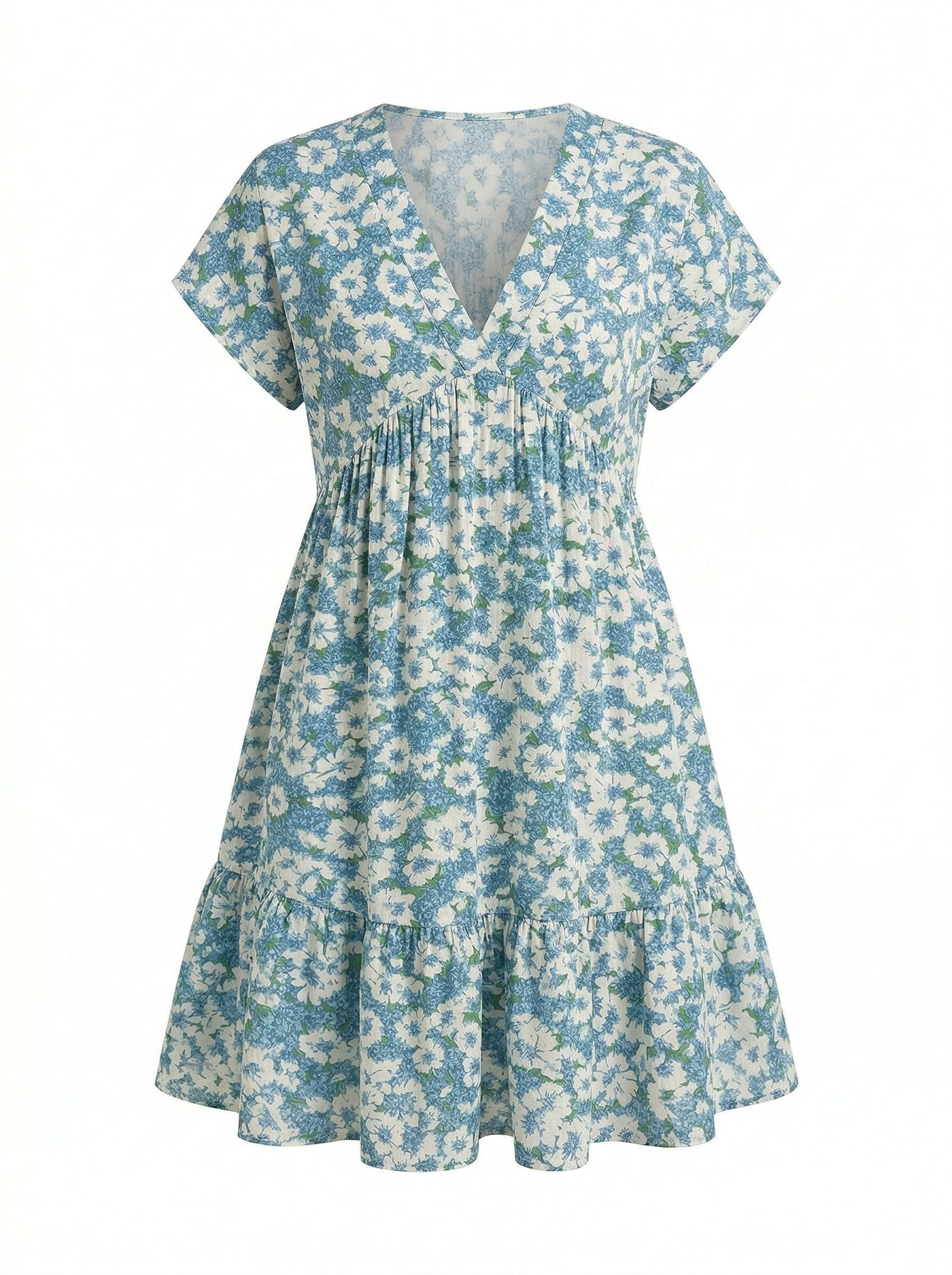 Floral Print V Neck Tiered Babydoll Mini Dress