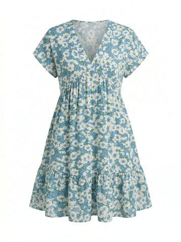 Floral Print V Neck Tiered Babydoll Mini Dress
